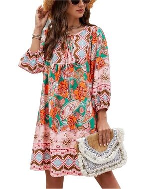 Boho Paisley Tie-Neck Dress in Orange & Green